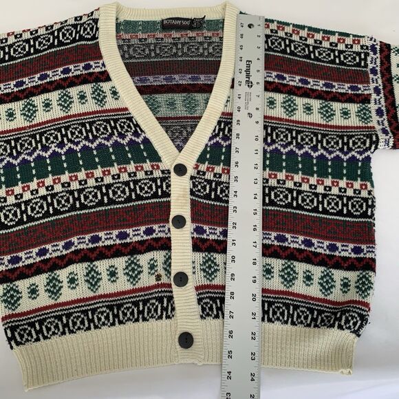 VTG 80s 90s Cardigan Sweater Men L Beige Colorful Geometric Grandpa Holiday - Picture 6 of 7